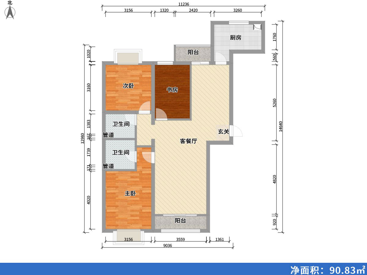 印象草原3室2廳2衛1廚136㎡戶型圖